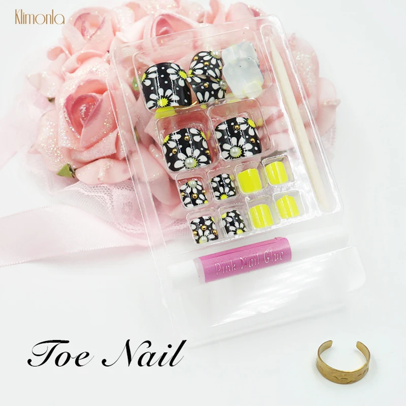 

24pcs 3D Flowers Foot False Nail Tips With Glue Shining Crystal Fake Toenails Full Cover Acrylic Nails Summer Style