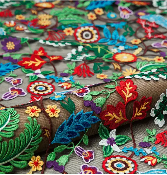 

6 yards colorful lace fabric with heavy embroidered floral, mixed colors deluxe embroidery black mesh lace fabric, code MF222