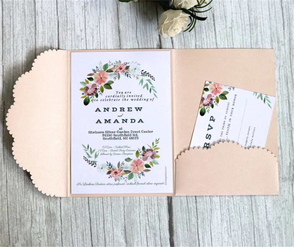 

Elegant wedding cards save the day pocket tri-folding invitation set multi colors offer customized printing