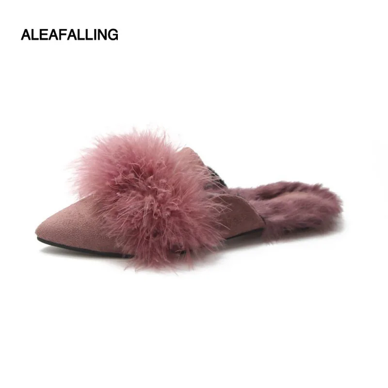 

Aleafalling Winter Flock Women Slipper Warm Flat Slides Poinited Toe Soft Slipper Home Flip Flops Female Warm Shoes Bottom T83