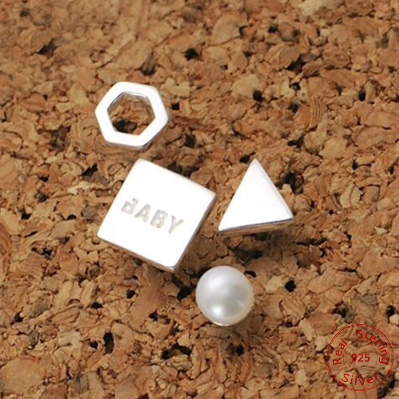 

New Simple Tiny Earring 925 Sterling Silver 4Pcs/Set Earring Geometric Triangle Square Pearl Stud Earrings Brushed Jewelry