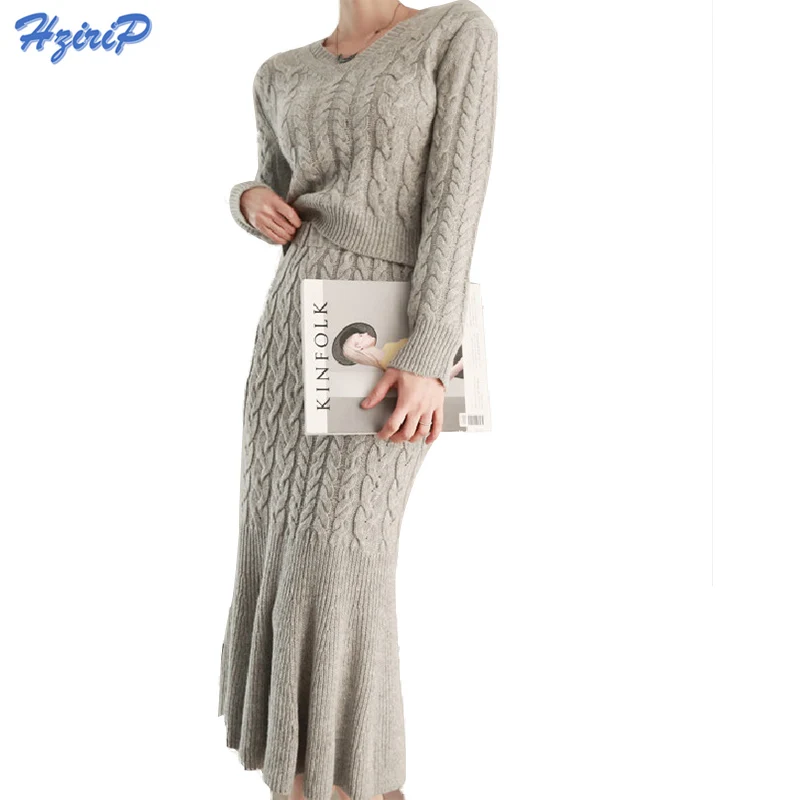 HziriP Two piece Sweater Dress Set Women Long Sleeve Office Wear Twist