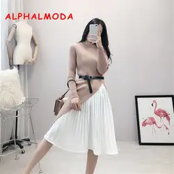 ALPHALMODA 2018 осень зима Модные женские костюмы нерегулярные резка тонкий вязаное платье костюм комплект из 2 предметов