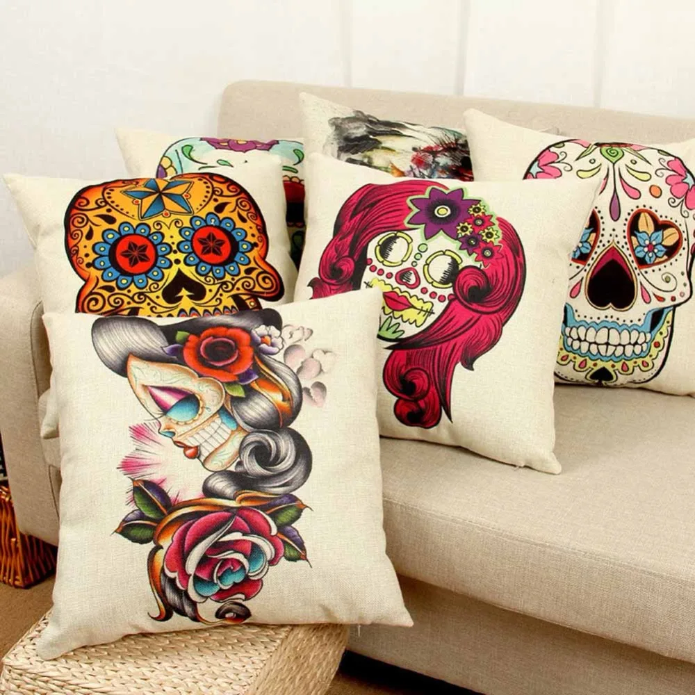 

1Pcs Skull Punk Halloween Pattern Cotton Linen Throw Pillow Cushion Cover Flower Seat Car Home Sofa Decor Decorative Pillowcase