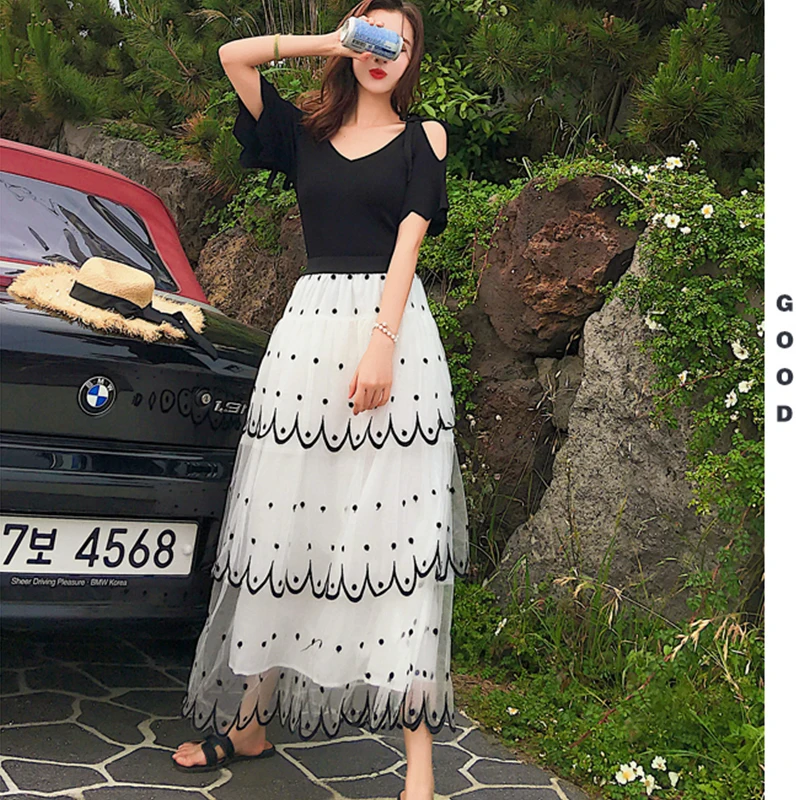 Женский сладкий горошек точечный принт-шифон юбка весна Новинка Женская высокая талия усталый торт юбки черный белый пляж выходные юбка