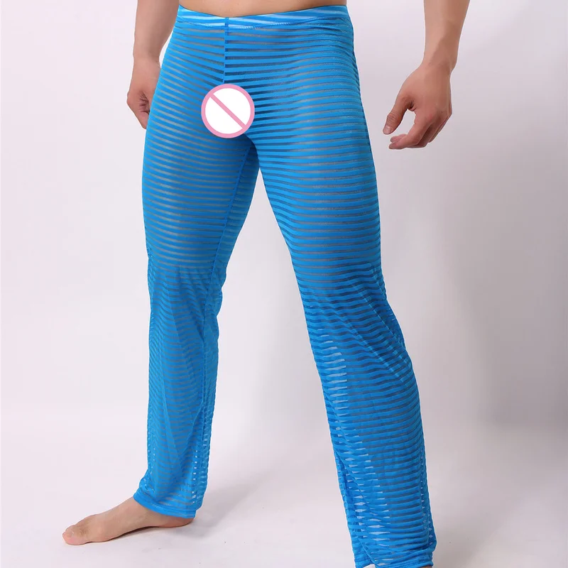 Прозрачные мужские сексуальные полосатые длинные брюки мужские однотонные свободные легкие брюки Ночная одежда для сна мужские брюки