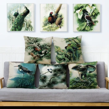 

Watercolor Chinese Ink Throw Pillow Covers 45*45cm Cushion Cover Linen Pillows Cases Car Sofa Home Decor Bird Plant Pillow Case