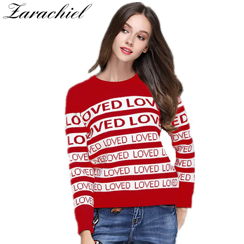 

Zarachiel Letter Jacquard Weave Striped Christmas Sweater 2018 Winter O-Neck Women Cashmere Pullover Knitted Sweater Jumper Tops