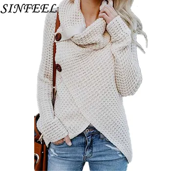 

SINFEEL Pullover Women's Jumper Turtleneck Sweater Female Jumper Women Warm Sweater Thin Winter Button Knitted Oversized Sweater