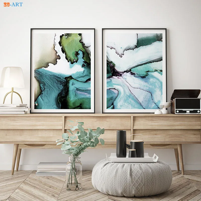 Абстрактным акварельным принтом кисти Wall Art сине белые современный