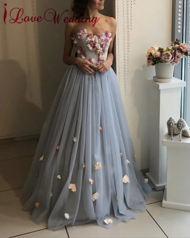 

Handmade 3D Flower A Line Long Prom Dresses Elegant Light Dusty Blue Floral Evening Gowns Lace Up New Prom Long Dresses