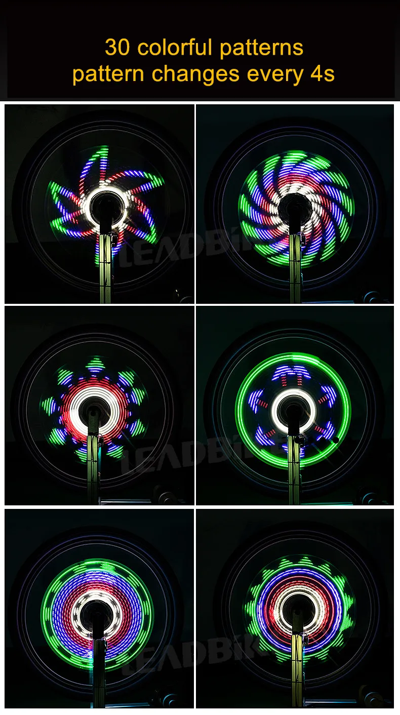 Flash Deal Leadbike Bicycle Wheel Light 64 LEDs 30 Patterns Double Side Display Bike Front Tail Light Spoke Light Waterproof Tire Light 2