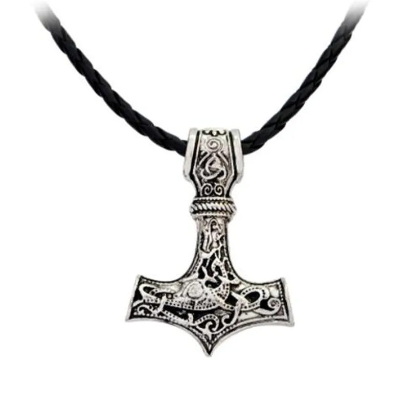 

WKOUD Norse Vikings Amulet PENDANT Necklaces Hammer Of Thor Mjolnir Pendant Leather Rope Necklaces Animal Knot Viking Jewelry