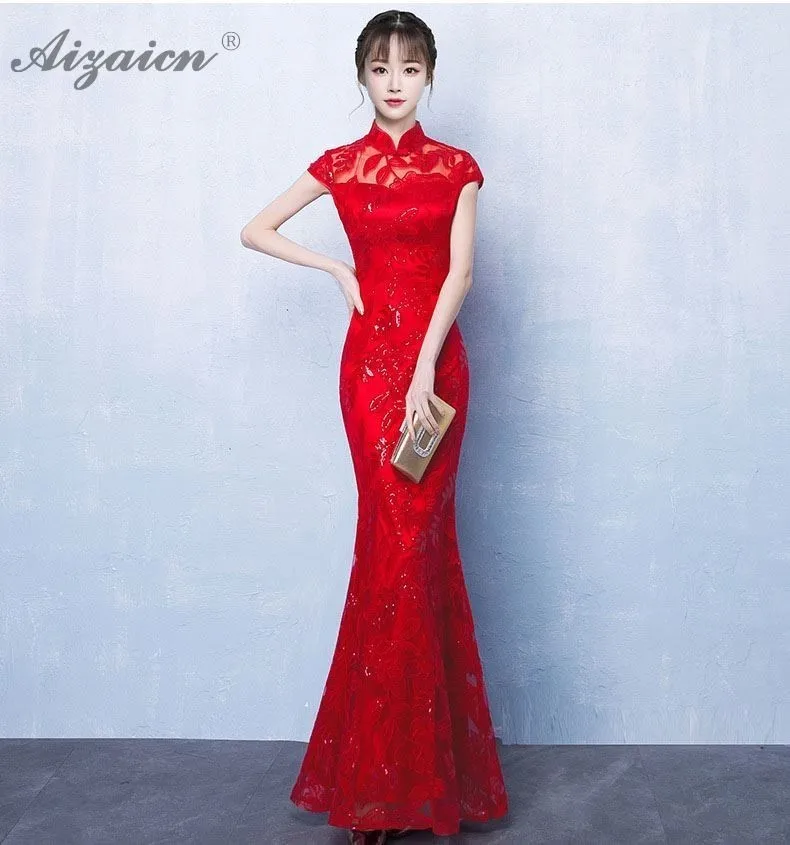 De color rojo sirena novia largo Cheongsam las mujeres chino tradicional boda Vestido Qipao Восточный de moda vestido de fiesta