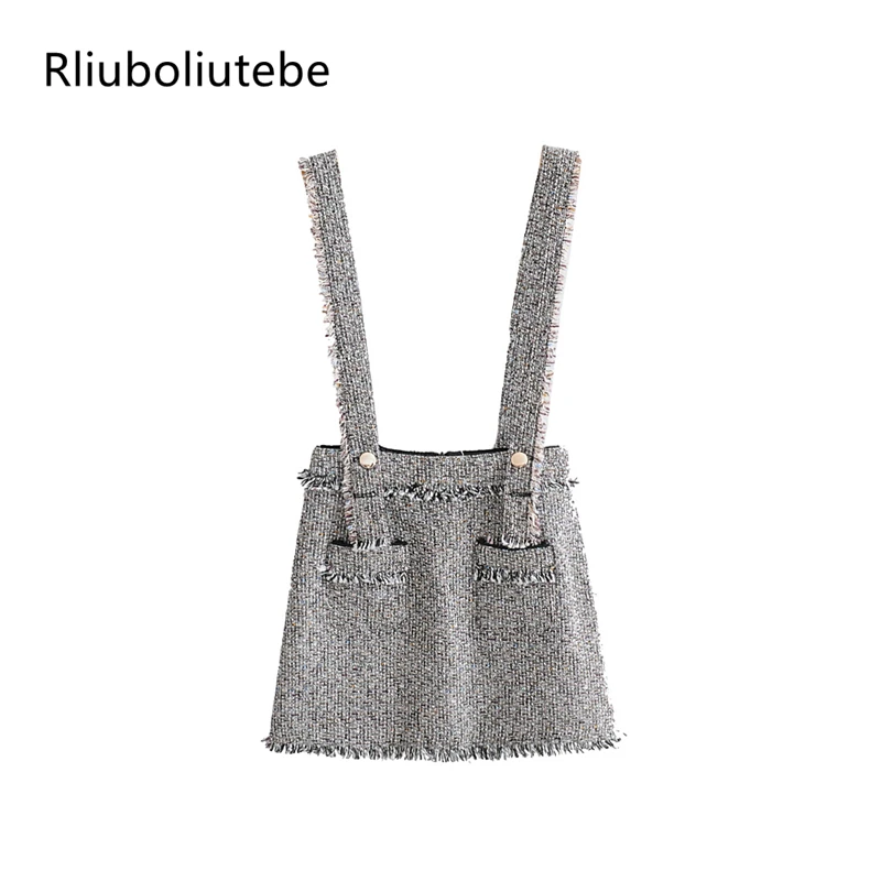 

soft tweed overall skirt tassel spaghetti strap short fringe skirt women sexy retro vintage casual a line pockets autumn winter