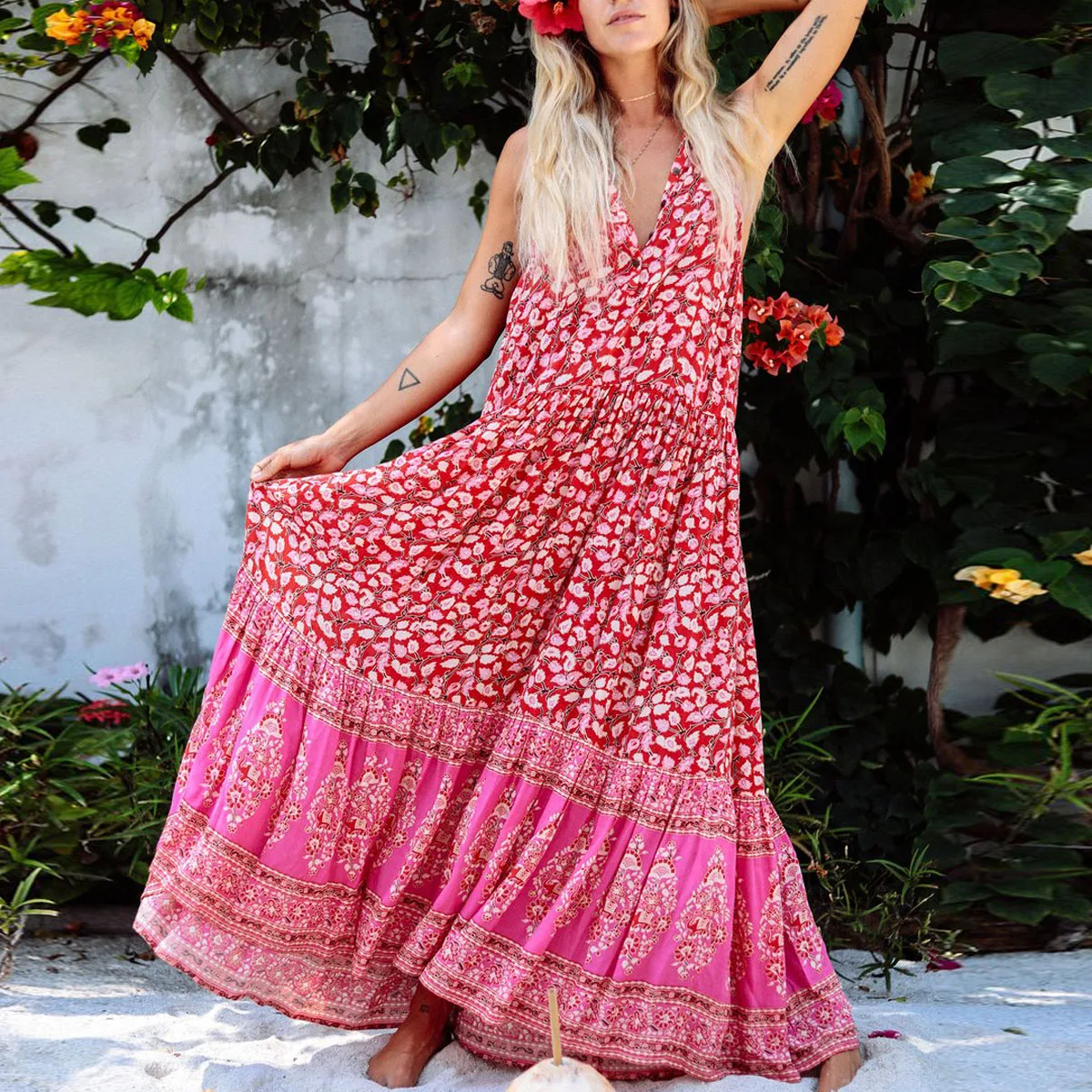 

Jastie Drop Waist Style Red Print Maxi Dress Button Sleeveless Ruffle Neck Women Dresses Boho Beach Summer Dress Vestidos 2018