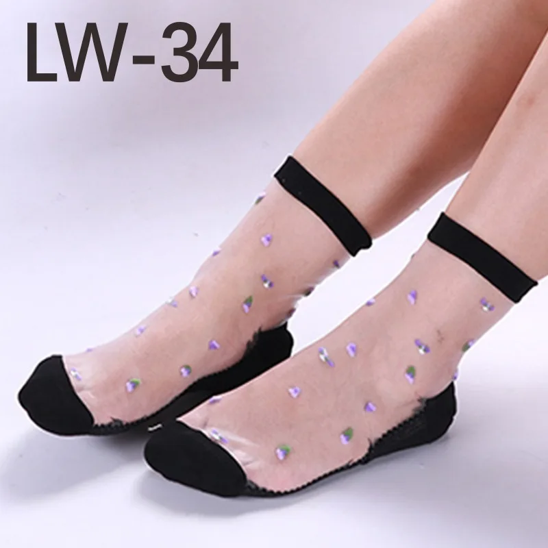 Сексуальные ажурные женские кружевные мягкие удобные прозрачные шелковые эластичные сетчатые вязаные прозрачные носки с оборкой по щиколотку 1 пара = 2 шт 3212 - Цвет: LW-34bai
