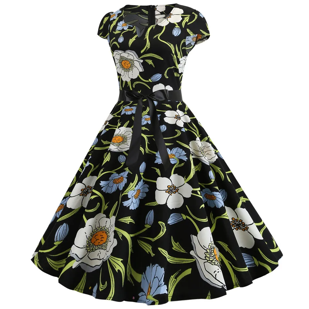 Черно-белое винтажное платье в горошек, летнее женское платье с цветочным принтом, короткие рукава, ретро рокабилли, вечерние платья до колен, Vestido