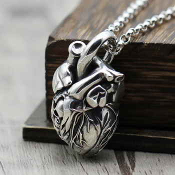 

925 Sterling Silver Large Anatomical Heart Skull Skeleton Pendant Men 20g A2361