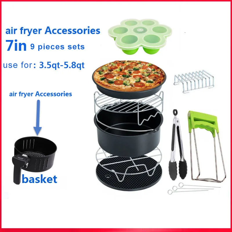 

Electric Deep Fryer Parts Air Fryer Accessories 7in Inch 9 Pieces Set for 3.5-5.8QT Cake Barrel Pizza Pan Kitchen Tools