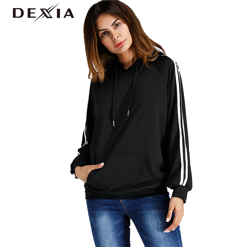 

DEXIA Black and White Striped Sleeve color Street BF Style Long Sleeve Fasion Casual Sequins Cotton Pullover Sweatshirt 7064#
