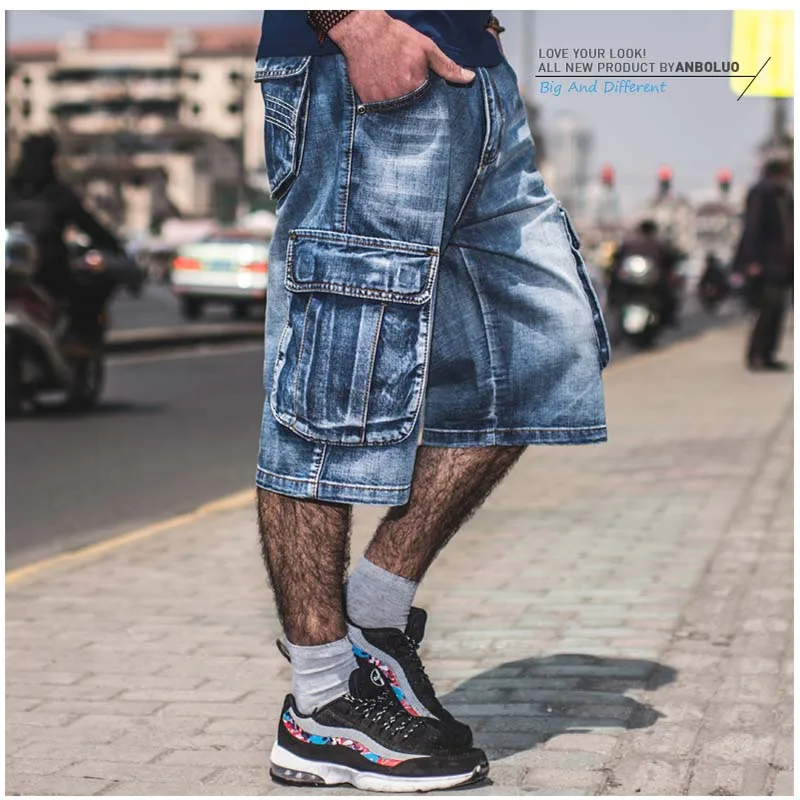 Mcikkny Summer Men's Cargo Denim Shorts Multi pockets Hip Hop Loose Jeans Shorts For Male Washed  (9)