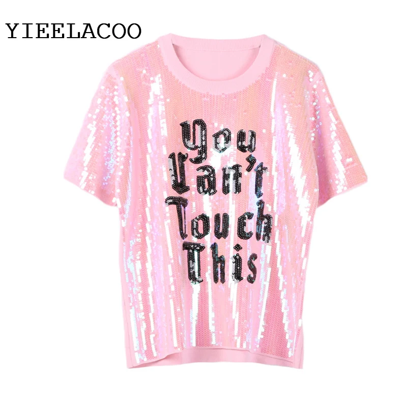 Lettere 2019 Testa Top Pesante Manica Nuove Maglia Donne Della Rotondo Colore Camicia Sottile Paillettes Corta Rosa Splicing Maglieria Molla Industria Collo EHqwYY