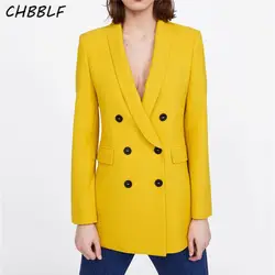 CHBBLF женщин Роскошный Блейзер карманы двубортный Длинные рукава офиса одежда пальто одноцветное Желтый Женская Повседневная Верхняя
