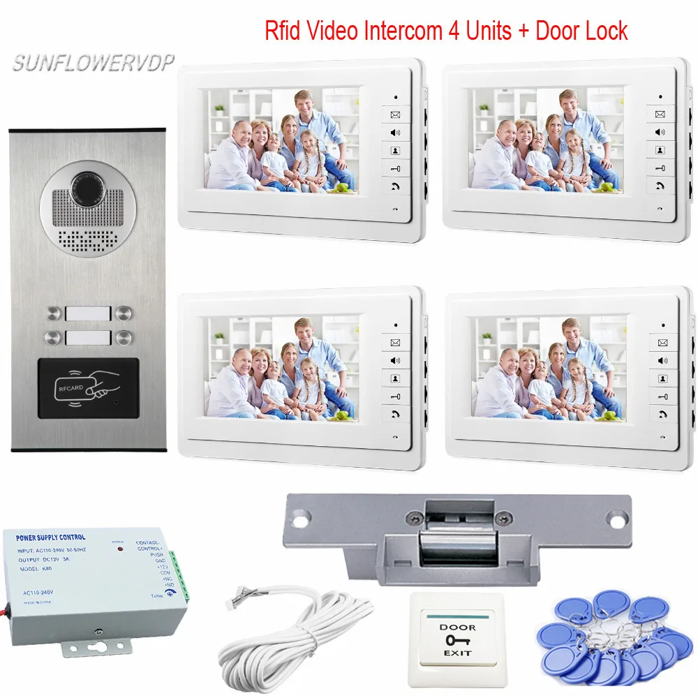 Video Intercom Rfid Access Control 4 Buttons Home phone Video Call 7\ Color White Monitors Video Doorbell + Electric Door Lock Video Intercom Rfid Access Control 4 Buttons Home phone Video Call 7\ Color White Monitors Video Doorbell + Electric Door Lock