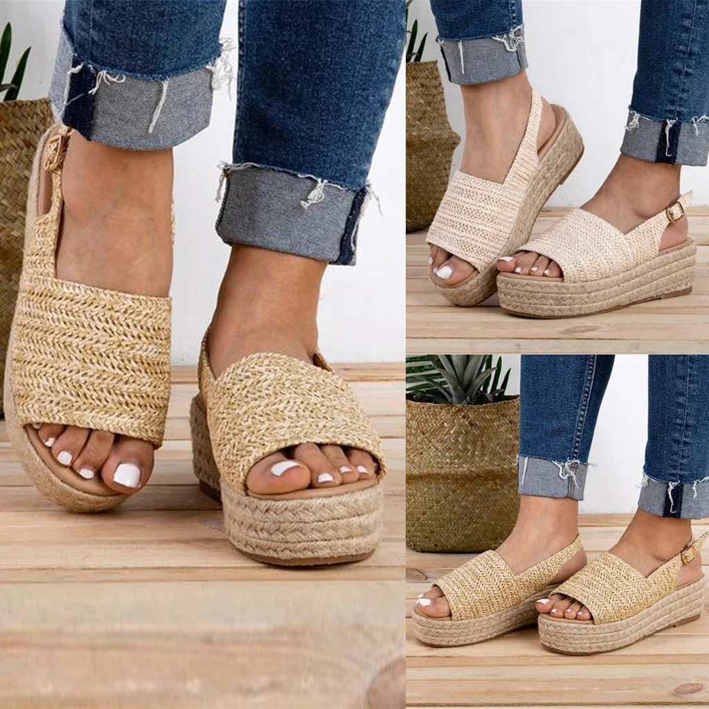 

Womens Sandals Fashion Straw Shoes Open Toe Thick Bottom Roman Slippers Causal Female Ladies Soft Beach Sandals T9#