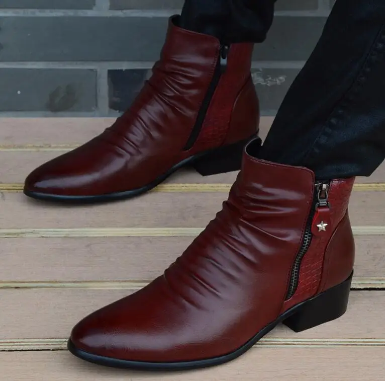 Fashion Luxury Brand Mens Leather Boots Genuine Zipper Black Wine Red ...