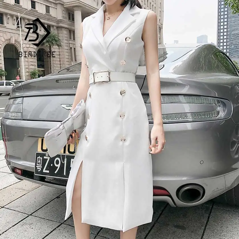 

New Summer Women's Slim Dress Split Sleeveless Double Breasted Sashes V Neck Female Vestido Office Lady OL Hot Sales D95013Z