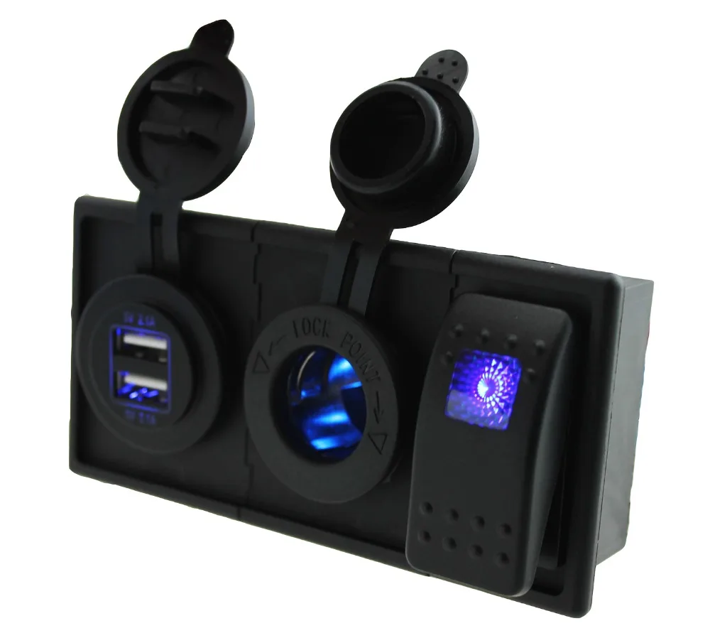 

DC12V-24V 4.2A double USB port Blue led power socket with rocker switch holder housing kit for car boat RV motorcycle marine