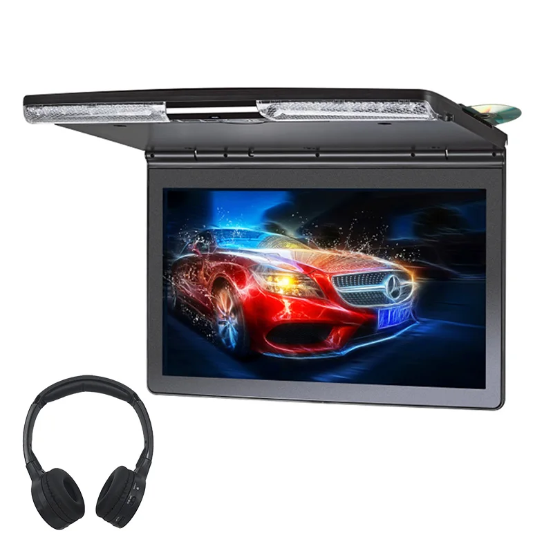 17.3 Inch Car Ceiling Monitor 1920x1080 MP5 Flip Down Roof Mount Car DVD Player with IR FM Transmitter HDMI USB SD Speaker Games - Цвет: with 1 headphone