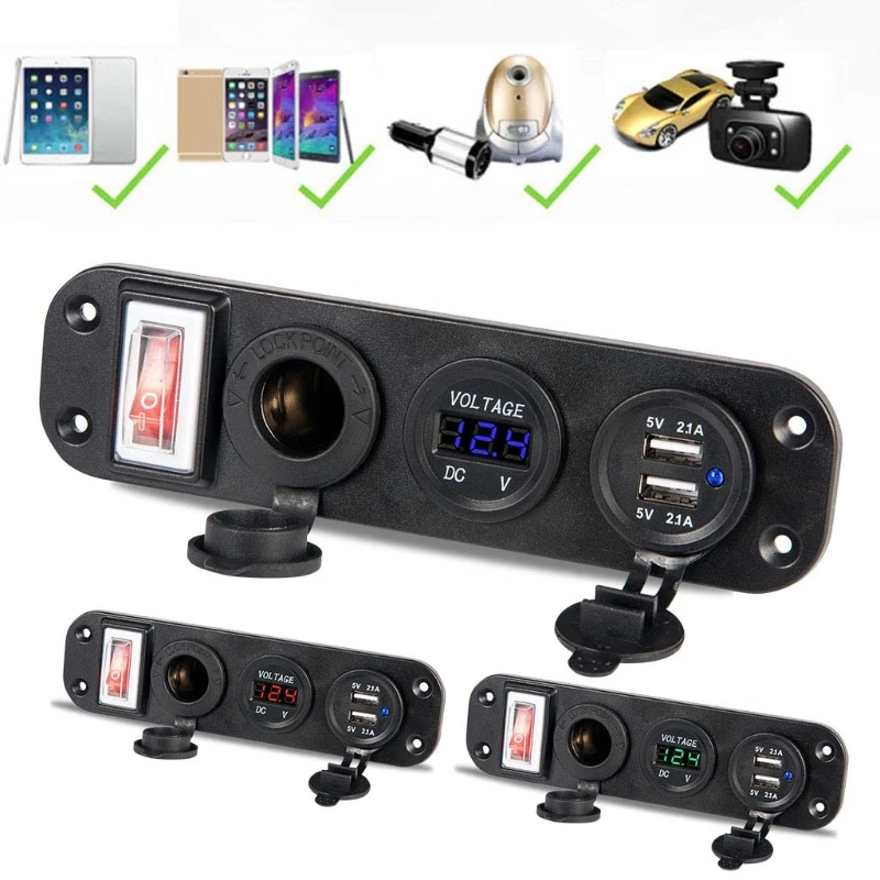 

Dual USB Adapter 12V Cigarette Lighter Socket LED Voltmeter Switch