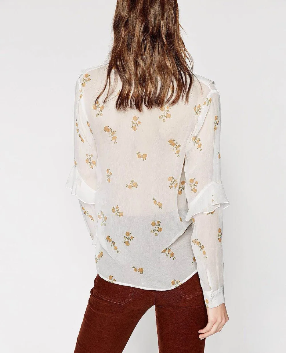 Donne Casual Alta Beige A Francese Stampa Camicette Rosa Di Maniche Stile Giallo Ruffles Qualità Seta Lunghe Delle b7yf6gvY