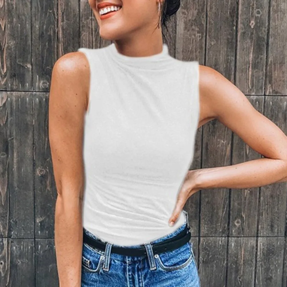 

2019 new summer hot Sexy Women's Sleeveless Turtleneck Solid Casual Tank Top T Shirt Plus Size debardeur femme ellesse vadim#F7