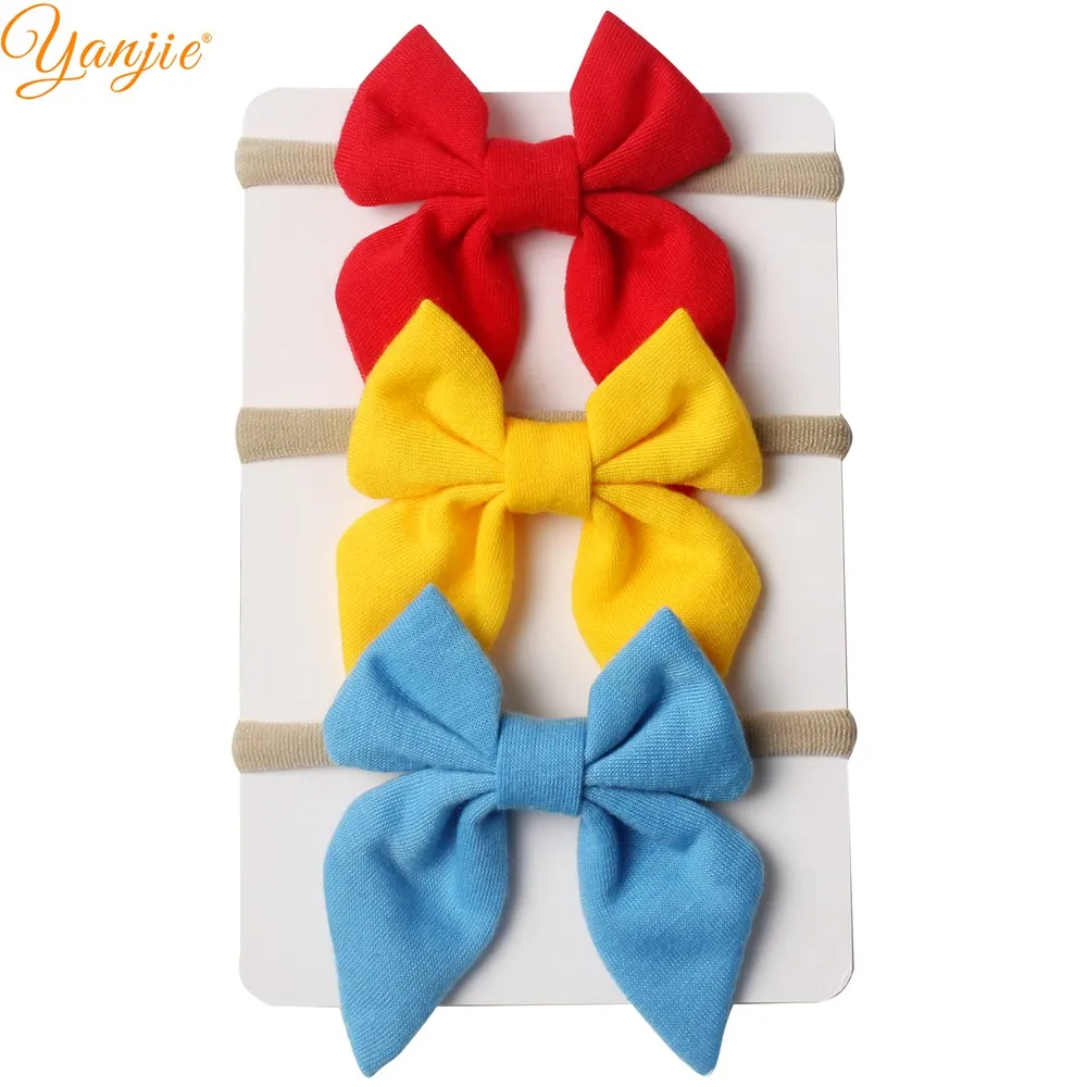 3pcs/set 3'' Cotton Bow With Khaki Nylon Headbands For Girls Solid Hair Bows Thin Elastic Nylon Headband Hair Accessories