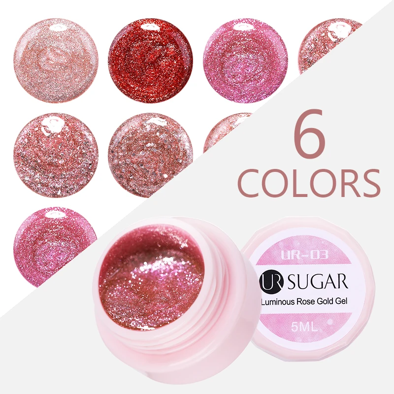 

UR SUGAR 5ml Pink Gold Luminous Nail Gel Polish Sequins Glitter Long Lasting Soak Off UV Gel Lacquer Varnish Manicure Nail Art
