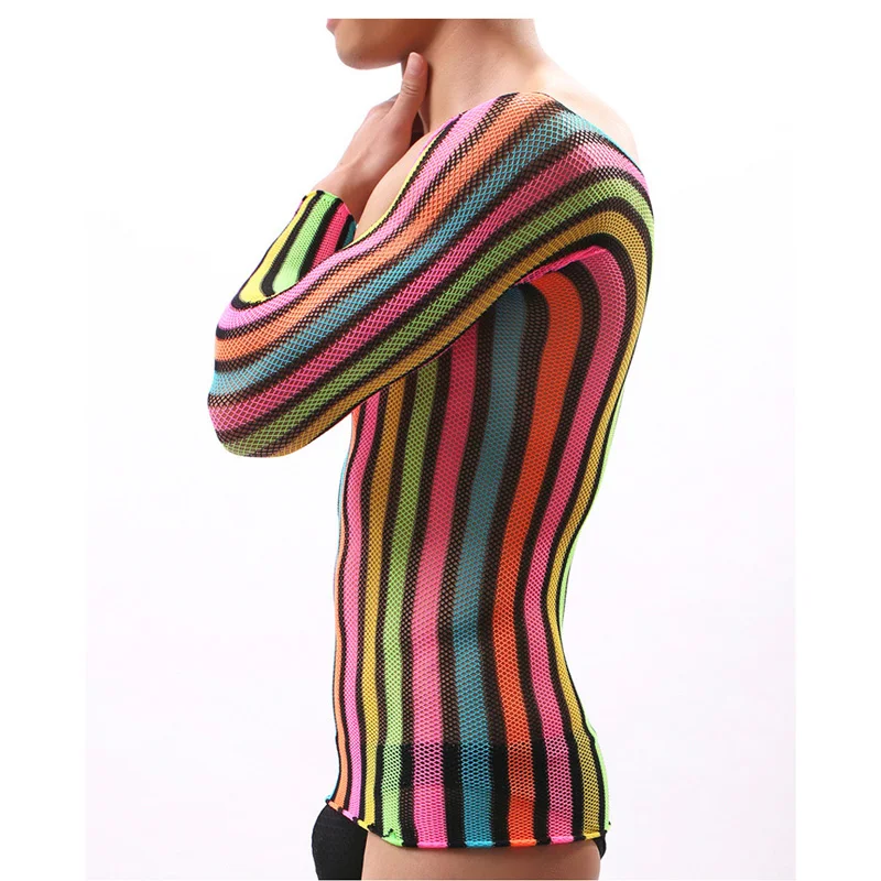 Sexy Male's Deep V Low Cut Bodystocking lingerie Top Man Cross Dressing Sexy Fetish Hot Shirt Passionate Rainbow Costume Sleeve