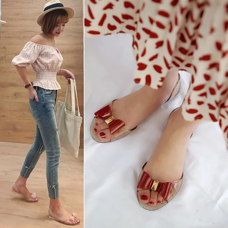 

Transparent bowknot jelly shoes women summer crystal flats soft anti-skid peep toe slippers femme zapatos mujer casual 2019 PVC