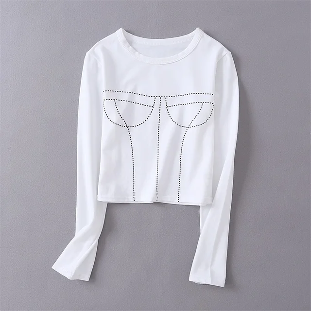 Women Sexy Bra design Print Slim Crop T shirt Sexy Long sleeve Fitted