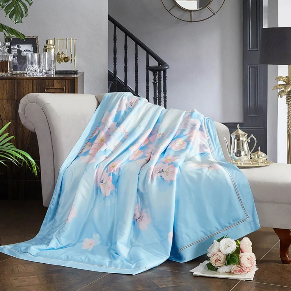 

2019 Pink Flowers Blue Quilting Quilt Soft Stitching Modal Artificial Silk Polyester Filler Queen King Summer Comforter