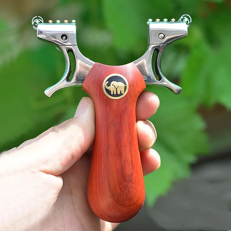 

Hot hunting 440 stainless steel fast pressing wood rosewood elephant slingshot titanium alloy sight clip flat leather slingshot
