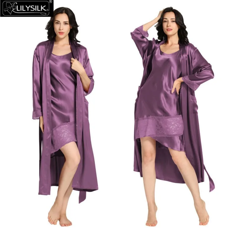 Lilysilk Long Sleepwear 3 Piece Pajama Set Women Mulberry Silk Pure Camisole Wedding Robes 22 MM Sexy Luxury Lingerie Lace