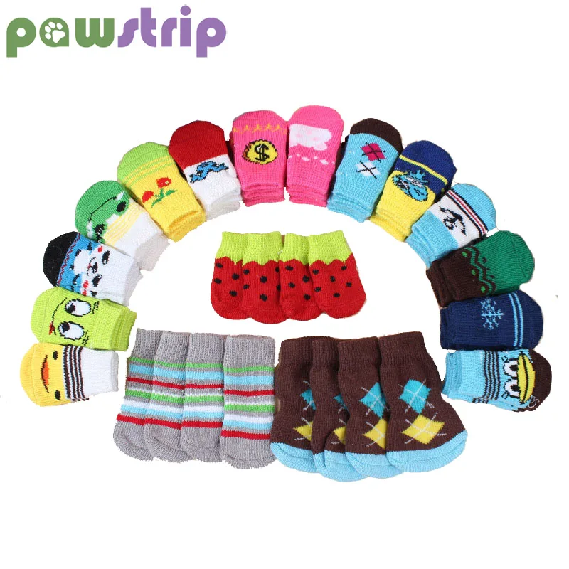 

pawstrip 4pcs/lot Pet Dog Socks Warm Puppy Shoes Soft Cotton Pet Knit Sock Cute Cartoon Non-Slip Socks For Chihuahua Teddy S-XL
