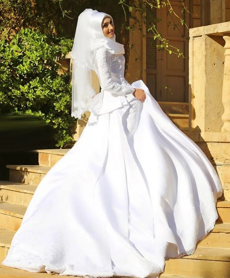 Great Design Muslim Wedding Dresses 2017 Long Sleeve High Neck Appliqued Satin Bridal Gowns with font