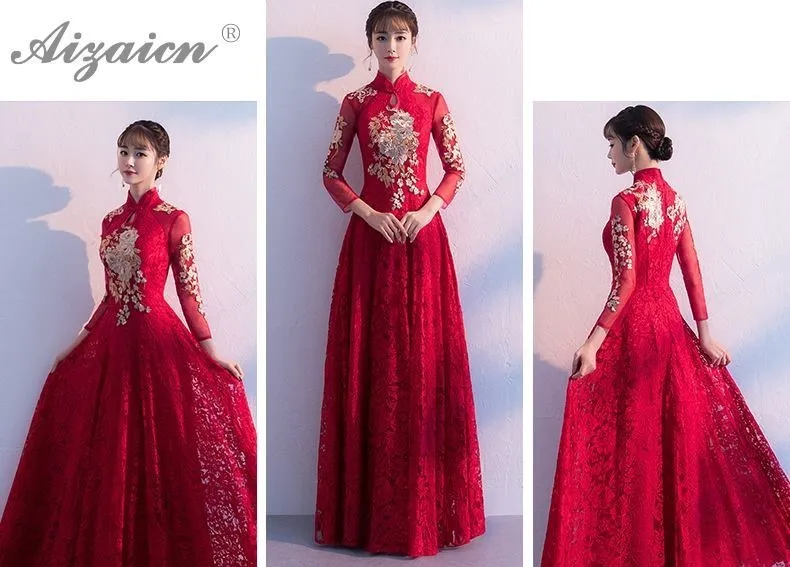 Модное кружевное длинное платье Чонсам из Китая, красное тонкое вечернее платье Qi Pao, женское традиционное китайское свадебное платье Qipao