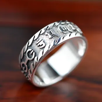 

925 Sterling Silver Ring Six words of mantra 100% Real S925 Thai Silver Rings for women Jewelry Male Men Size 6-13