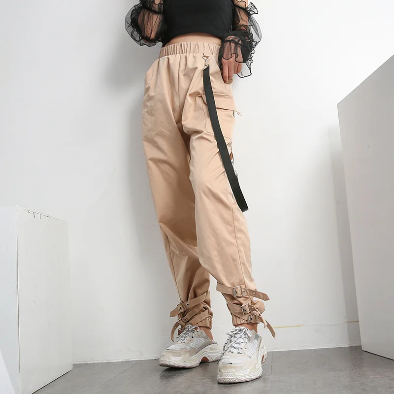 Брюки-карго цвета хаки, женские брюки-карандаш с карманами, пуговицами и поясом, уличная одежда, высокая талия, свободные штаны для бега, женские брюки